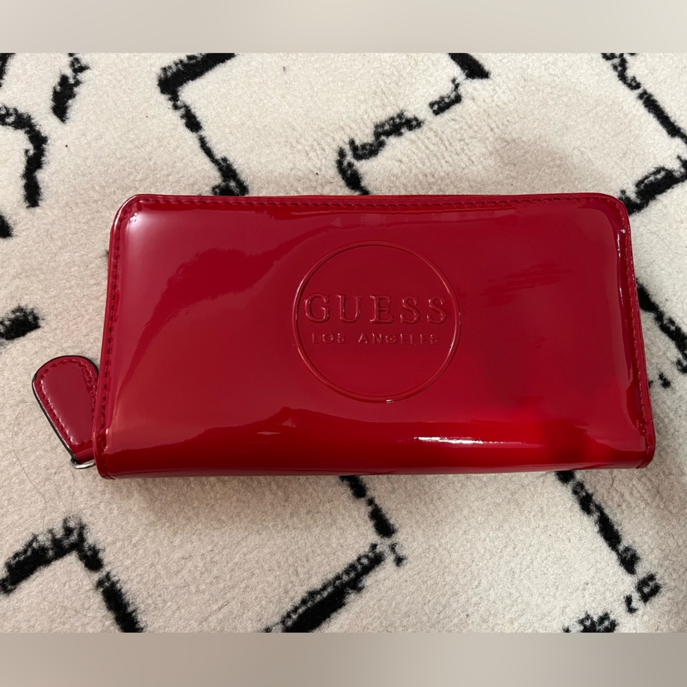 Red Leather Guess Los Angeles Full Zip Around Wallet